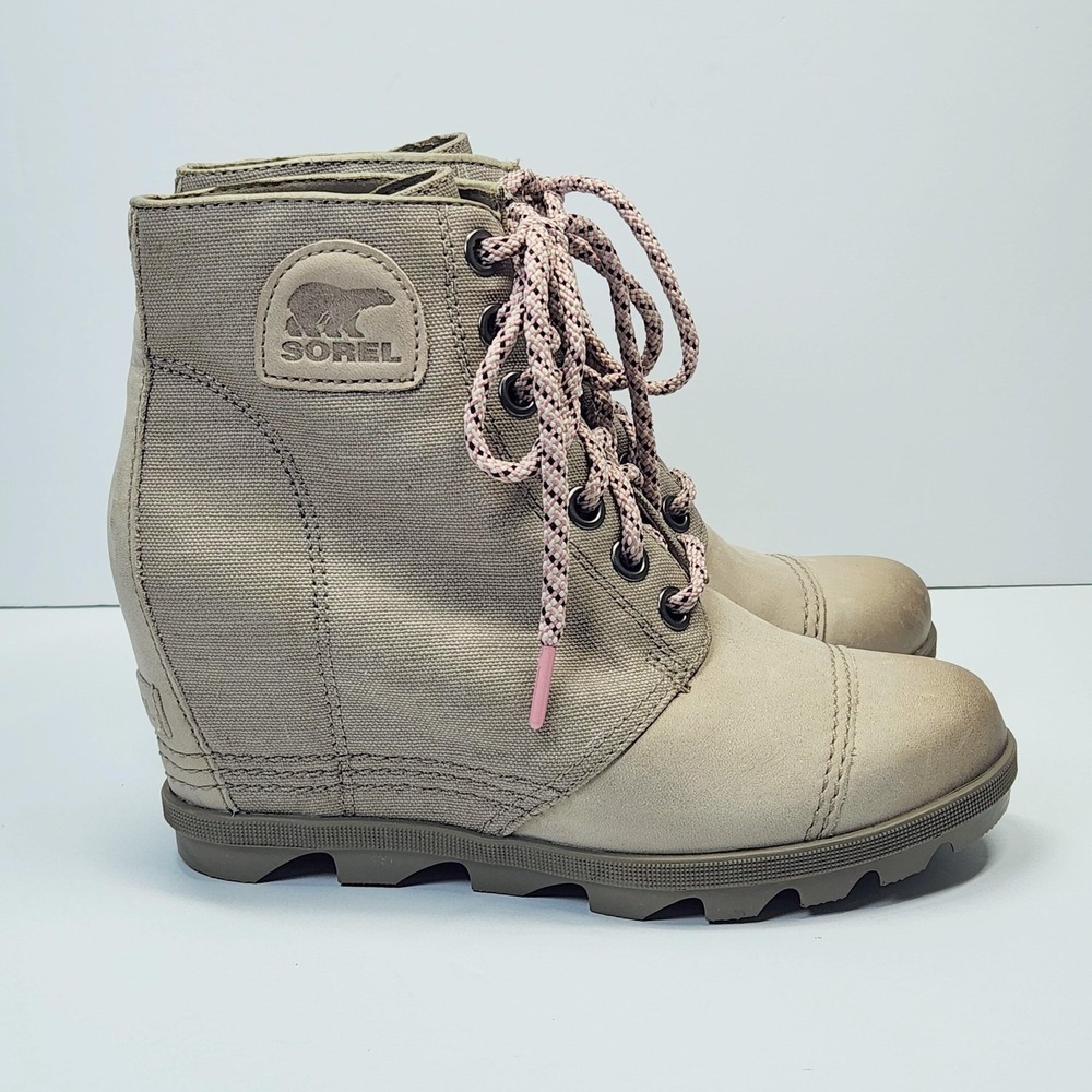 Sorel Boots Womens Size 8.5 Beige Canvas Leather Lace Up Wedge Ankle Booties - Picture 4 of 14